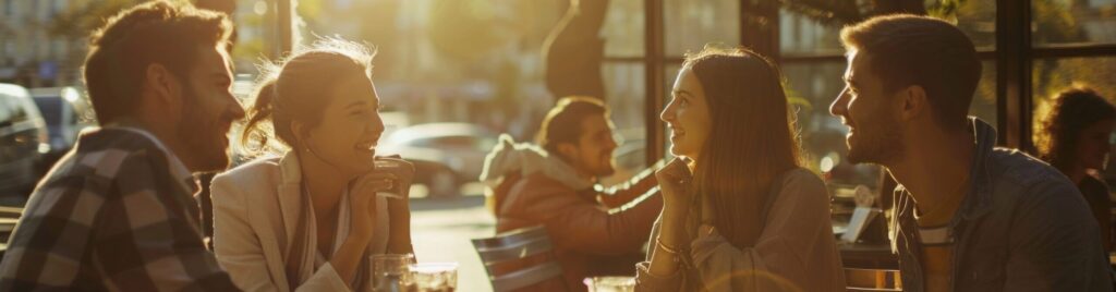 Four friends share laughs at a European café table, two women in light clothes and two men in dark attire. Cups and phones are visible, creating a cozy, cheerful atmosphere.